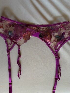 Honey Birdette Purple Sheer Floral Embroidered Garter Belt